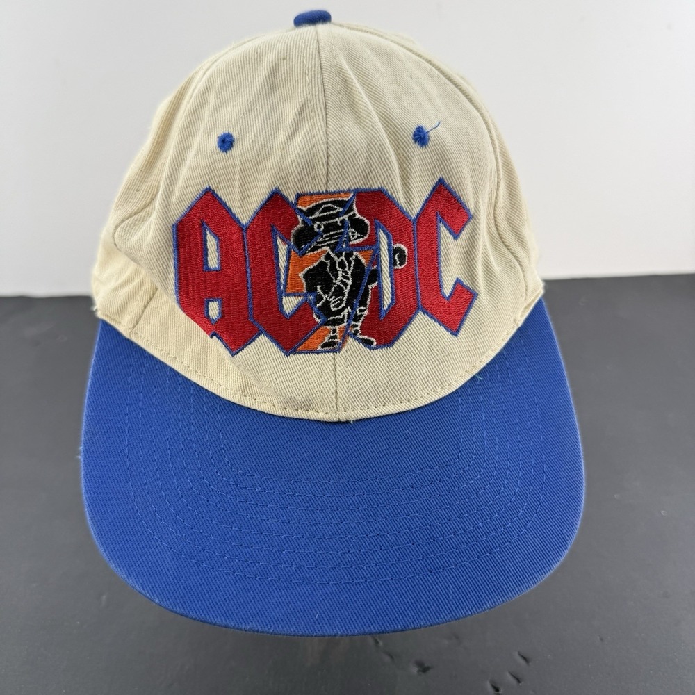 VINTAGE AC/DC Hat Cap Snap Back Blue White Embroidered Graphic Band Mens 90s